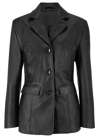 Lange blazer van imitatieleer, Kleur: zwart