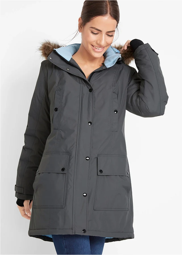 Lange outdoor jas met capuchon, waterdicht, Kleur: antraciet