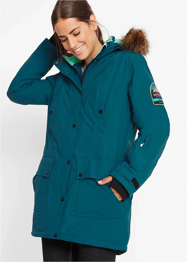 Lange outdoor jas met capuchon, waterdicht, Kleur: petrolblauw