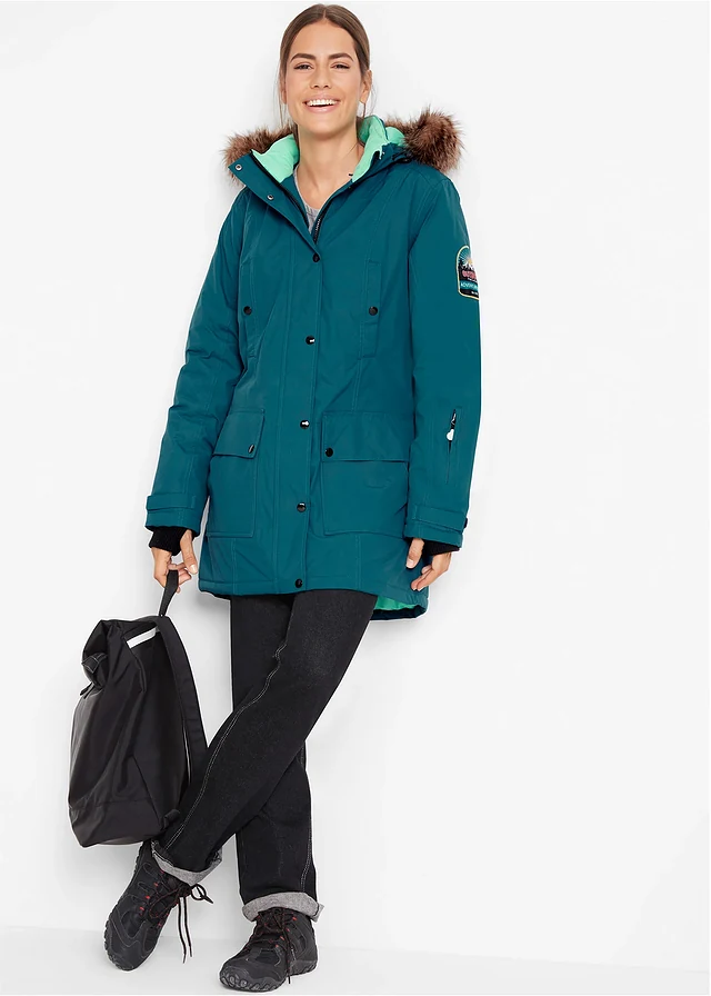 Lange outdoor jas met capuchon, waterdicht, Kleur: petrolblauw