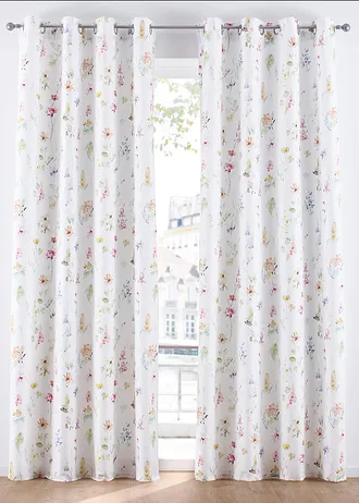 Microvezel gordijn met gerecycled polyester (1 stuk), Kleur: wit-meerkleurig gebloemd