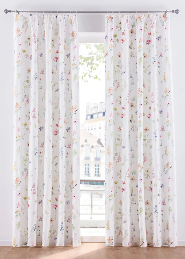 Rideau panneau en microfibre avec polyester recyclé (1 pce), Couleur: blanc-multicolore fleurs