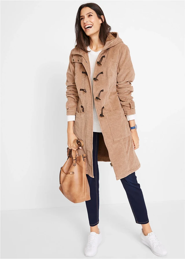 Duffle-coat en velours côtelé doublé, Couleur: camel