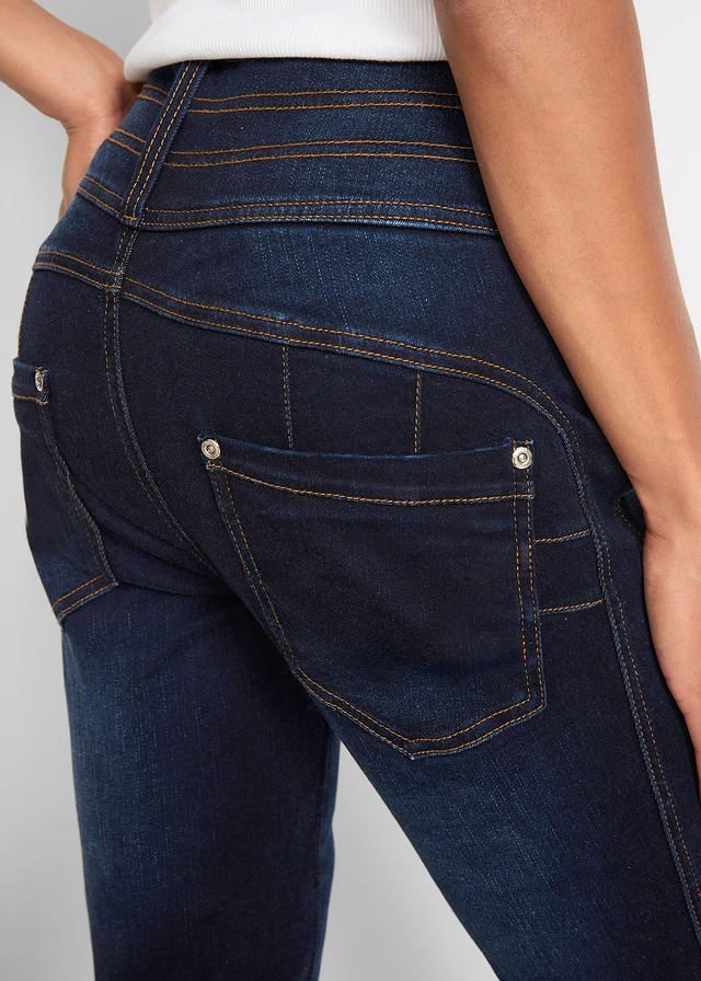 Modelujące dżinsy, krój bootcut, high waist • granatowy used • sklep bonprix