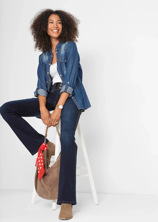 Jean bootcut taille haute, sculptant, Couleur: bleu foncé used