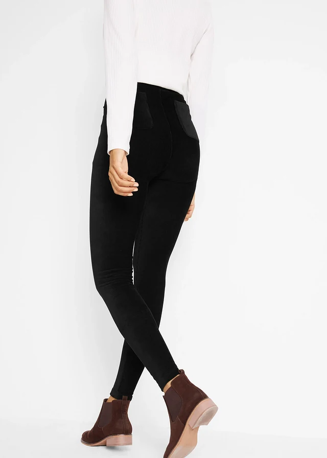 Legging en velours finement côtelé à large taille élastiquée, Couleur: noir