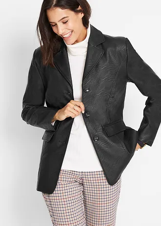 Lange blazer van imitatieleer, Kleur: zwart