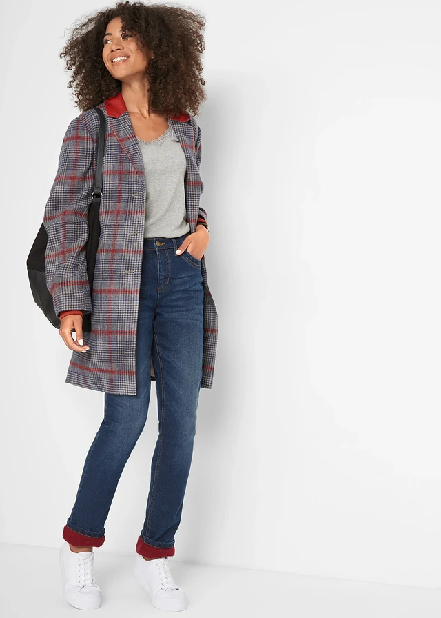 Jean droit taille haute, thermique, Couleur: bleu foncé used