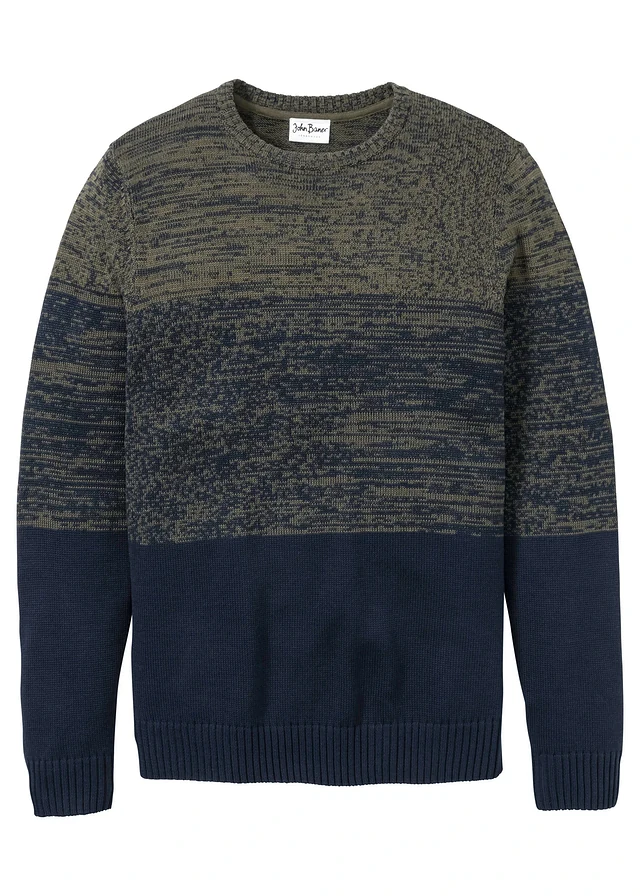 Pull doux en fine maille, coupe ventre confort, Couleur: olive foncé/bleu foncé rayé