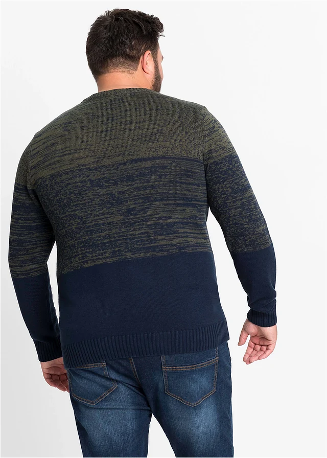Pull doux en fine maille, coupe ventre confort, Couleur: olive foncé/bleu foncé rayé