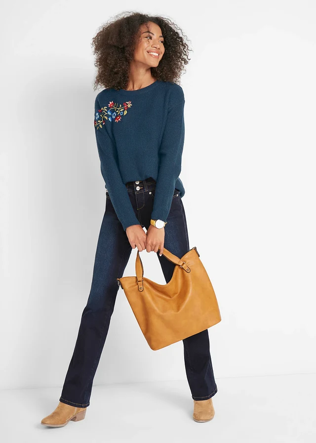 Jean bootcut taille haute, sculptant, Couleur: bleu foncé used