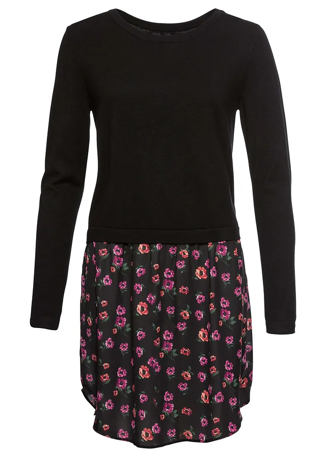 Svetr se vsadkou sukně • černá -fialová s květy • bonprix obchod