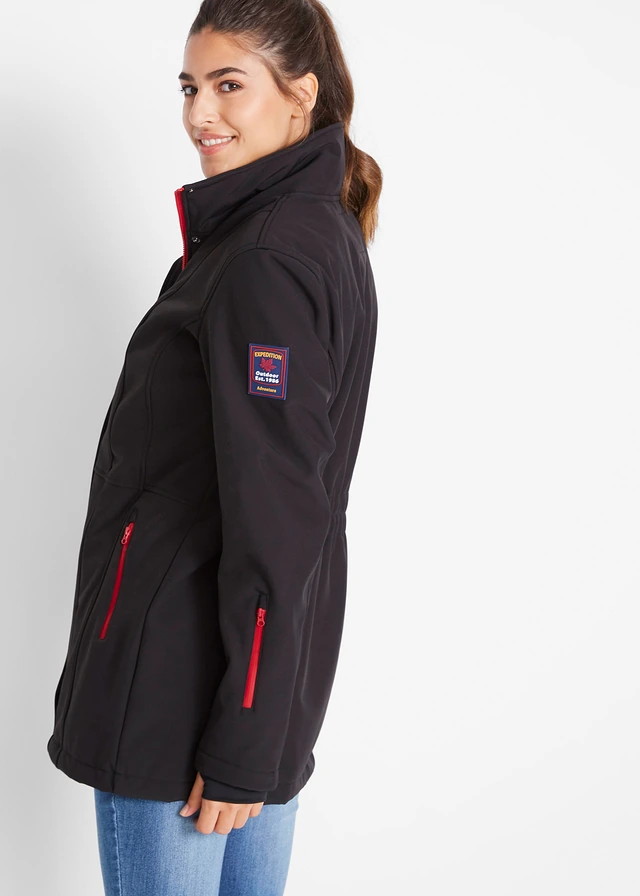 Longue parka en softshell extensible et déperlant, Couleur: noir