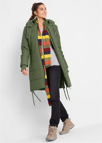 Lange gewatteerde jas, waterafstotend, Kleur: donkerkaki