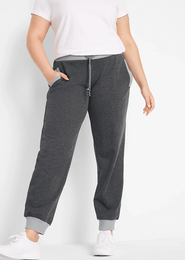Pantalon de jogging avec bord-côtes contrastés, Couleur: noir chiné