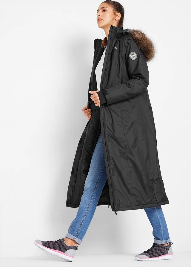 Lange outdoor jas met imitatiebont, waterdicht • zwart • bonprix online shop