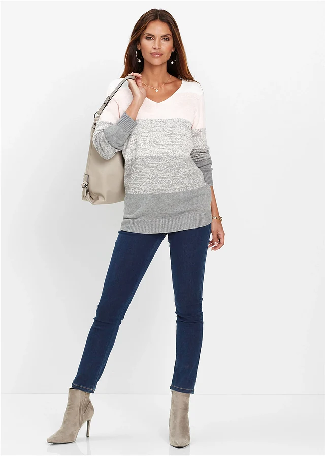Pull long avec cachemire, Couleur: rose dragée/gris chiné rayé