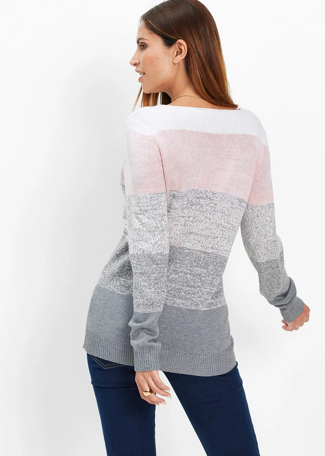Pull long avec cachemire, Couleur: rose dragée/gris chiné rayé