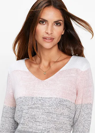 Dlouhý svetr s podílem kašmíru • jemně růžově-šedý melír s pruhy • bonprix obchod