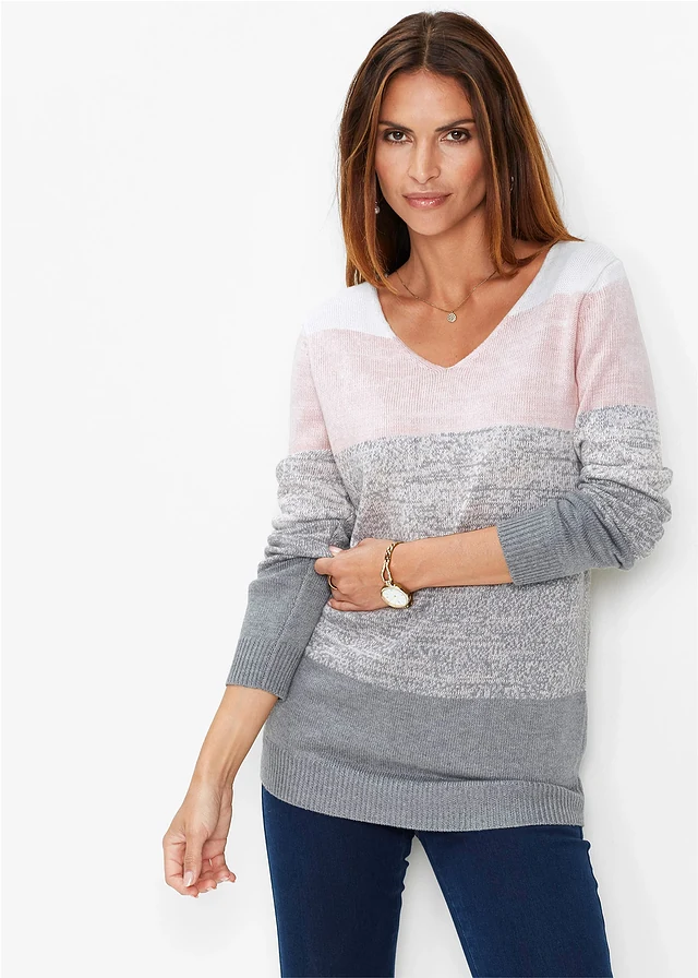 Pull long avec cachemire, Couleur: rose dragée/gris chiné rayé