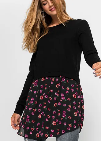 Robe pull en fine maille avec jupe montée • noir - violet à fleurs • Boutique bonprix