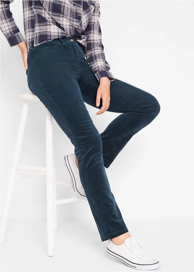 Pantalon extensible en velours côtelé, Couleur: bleu foncé