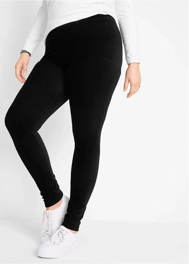 Legging en velours finement côtelé à large taille élastiquée, Couleur: noir