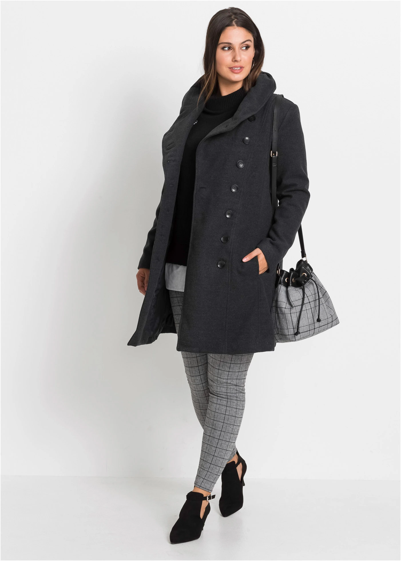 Korte coat • antraciet gemêleerd plus size • bonprix online shop