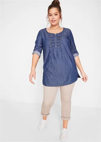 Lange blouse in A-lijn, Kleur: blue stone