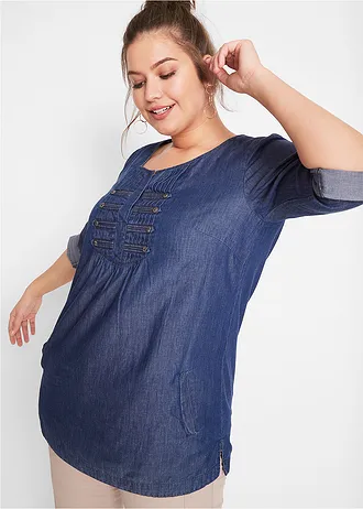 Lange blouse in A-lijn, Kleur: blue stone