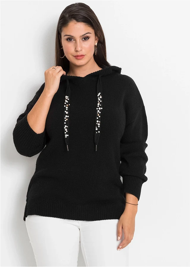 Gebreide hoodie, Kleur: zwart