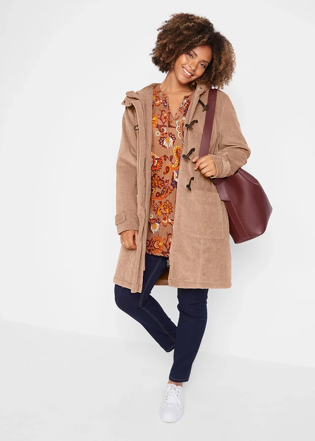 Duffle-coat en velours côtelé doublé, Couleur: camel