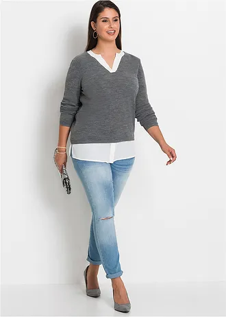 Fijngebreide trui met blouse-inzet, Kleur: grijs gemêleerd-wit