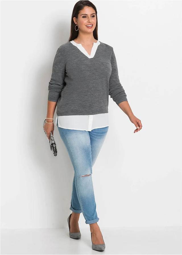 Fijngebreide trui met blouse-inzet, Kleur: grijs gemêleerd-wit