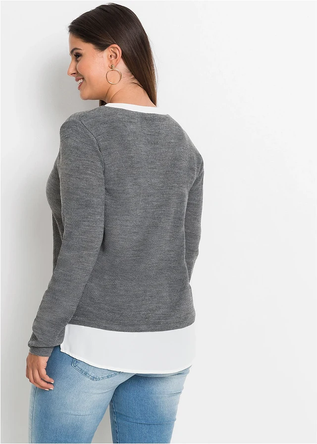 Pull en fine maille avec empiècement chemisier, Couleur: gris chiné/blanc
