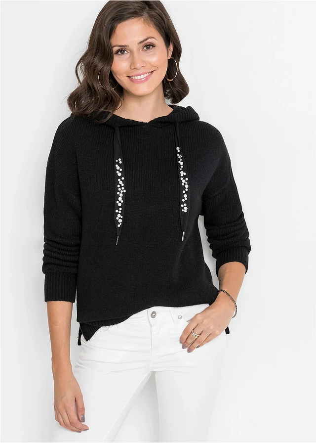 Gebreide hoodie, Kleur: zwart
