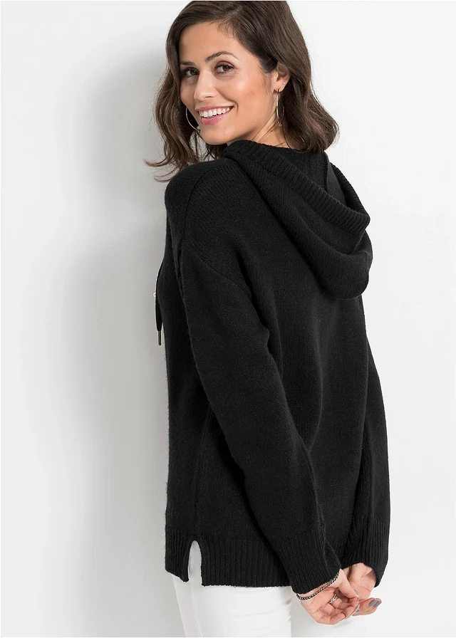 Gebreide hoodie, Kleur: zwart