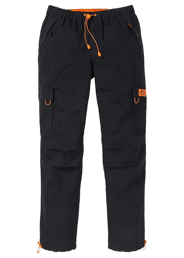 Pantaloni cargo cu elastic și șiret în talie, Relaxed Fit, straight, culoare: negru/oranj