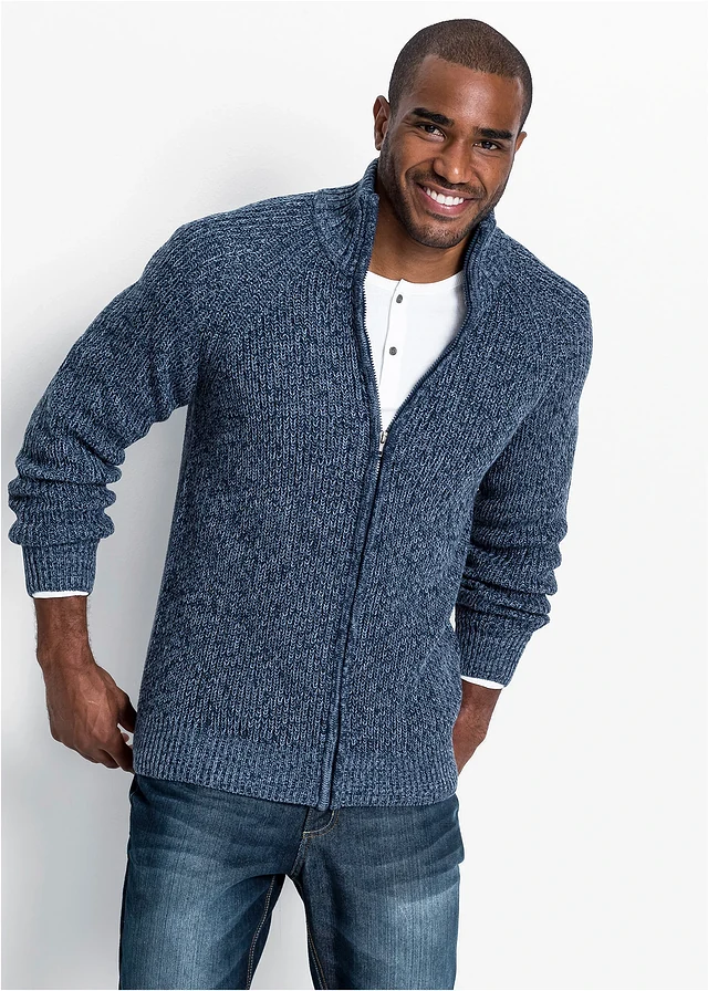 Gilet en grosse maille côtelée avec coton, Couleur: bleu mat chiné