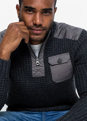 Pull camionneur en grosse maille avec empiècements en tissu • anthracite chiné • Boutique bonprix