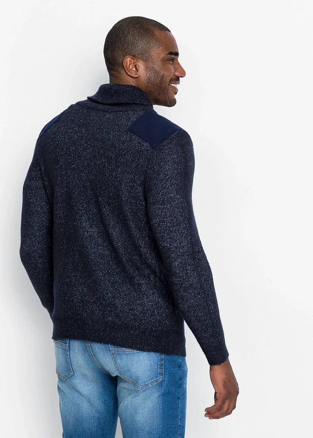 Pull en fine maille à col châle, Couleur: bleu foncé chiné
