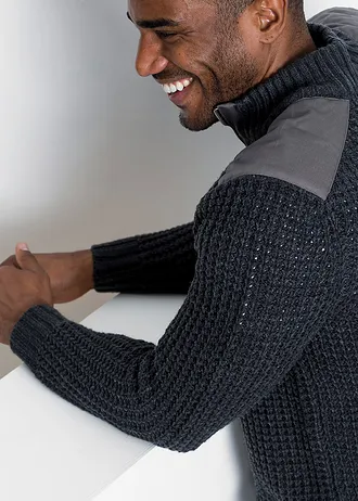 Pull camionneur en grosse maille avec empiècements en tissu • anthracite chiné • Boutique bonprix