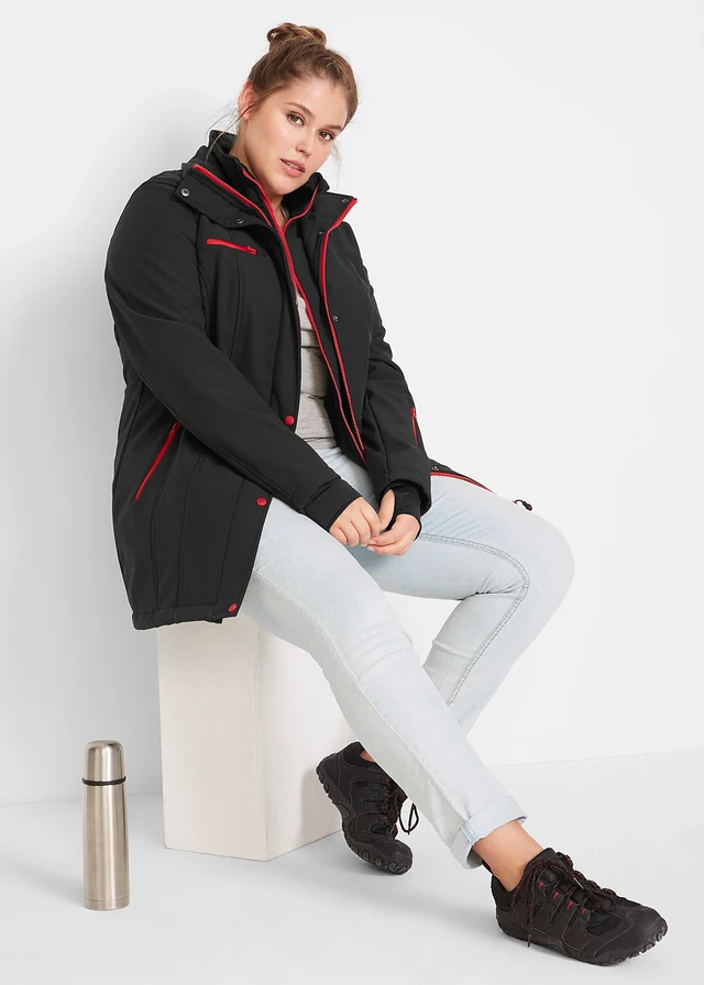 Longue parka en softshell extensible et déperlant, Couleur: noir