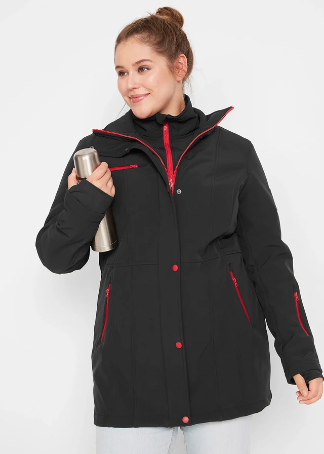 Longue parka en softshell extensible et déperlant, Couleur: noir