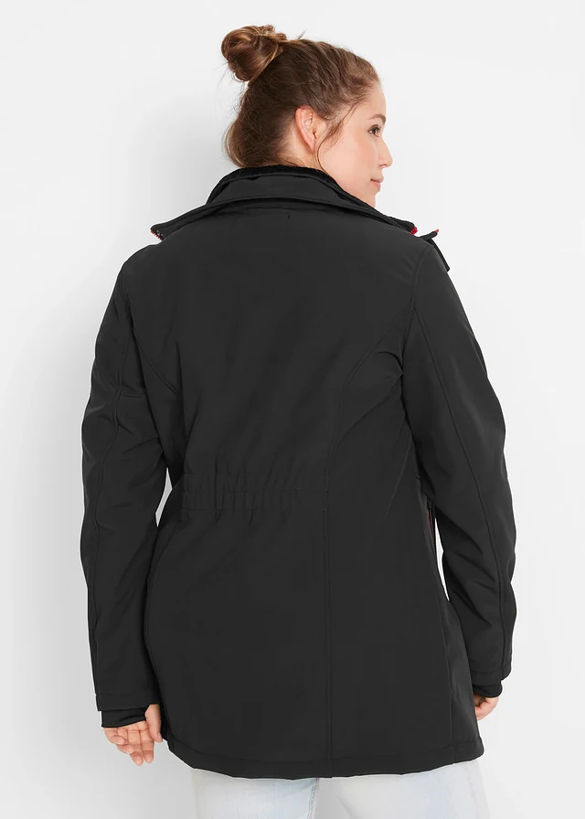 Longue parka en softshell extensible et déperlant, Couleur: noir