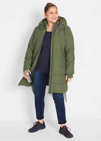 Lange gewatteerde jas, waterafstotend, Kleur: donkerkaki