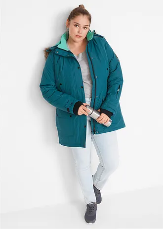 Lange outdoor jas met capuchon, waterdicht, Kleur: petrolblauw