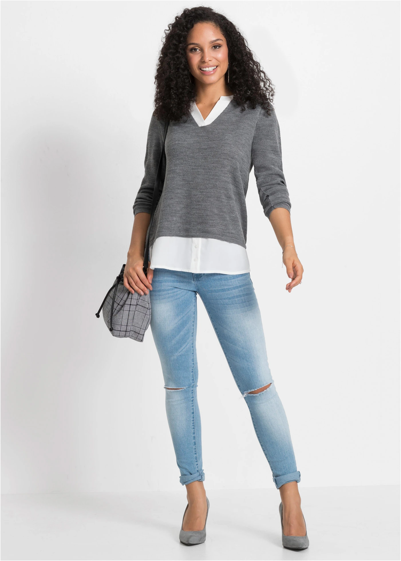 Fijngebreide trui met blouse-inzet • grijs gemêleerd • bonprix online shop