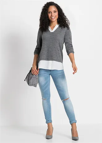 Fijngebreide trui met blouse-inzet, Kleur: grijs gemêleerd-wit