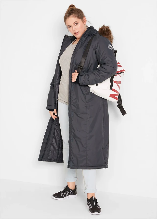 Lange outdoor jas met imitatiebont, waterdicht, Kleur: leigrijs